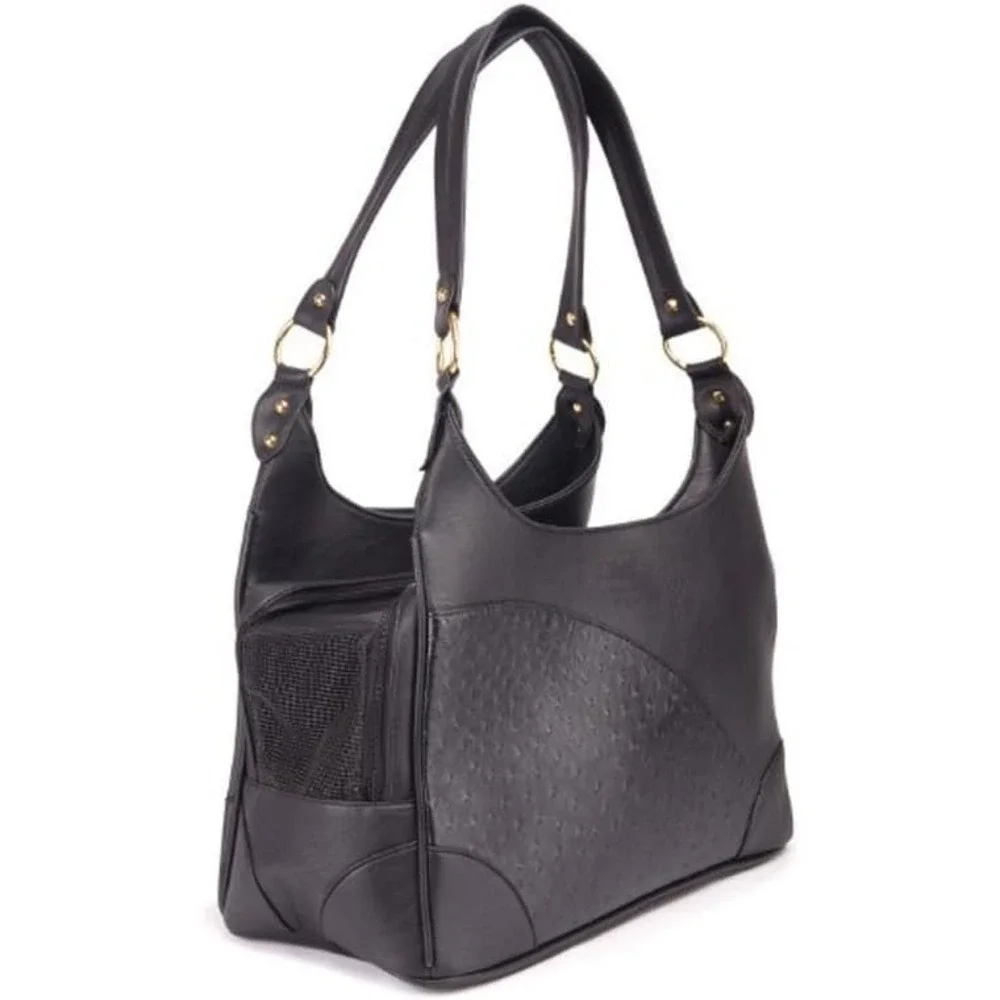 Elegant Black Vegan Leather Pet Carrier Tote Bag Ostrich Embossed Dog Cat New